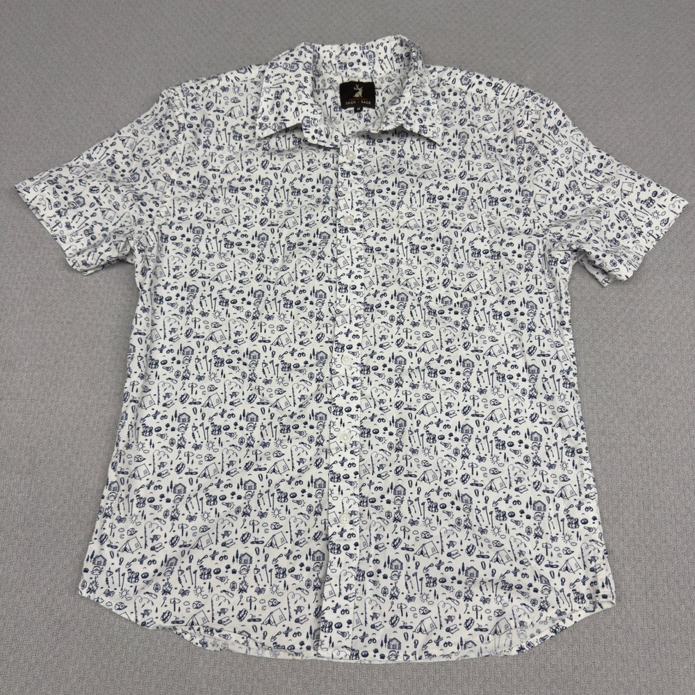 Jack + Sage Shirt Mens Medium Camping Print Button Down Short Sleeve White Blue